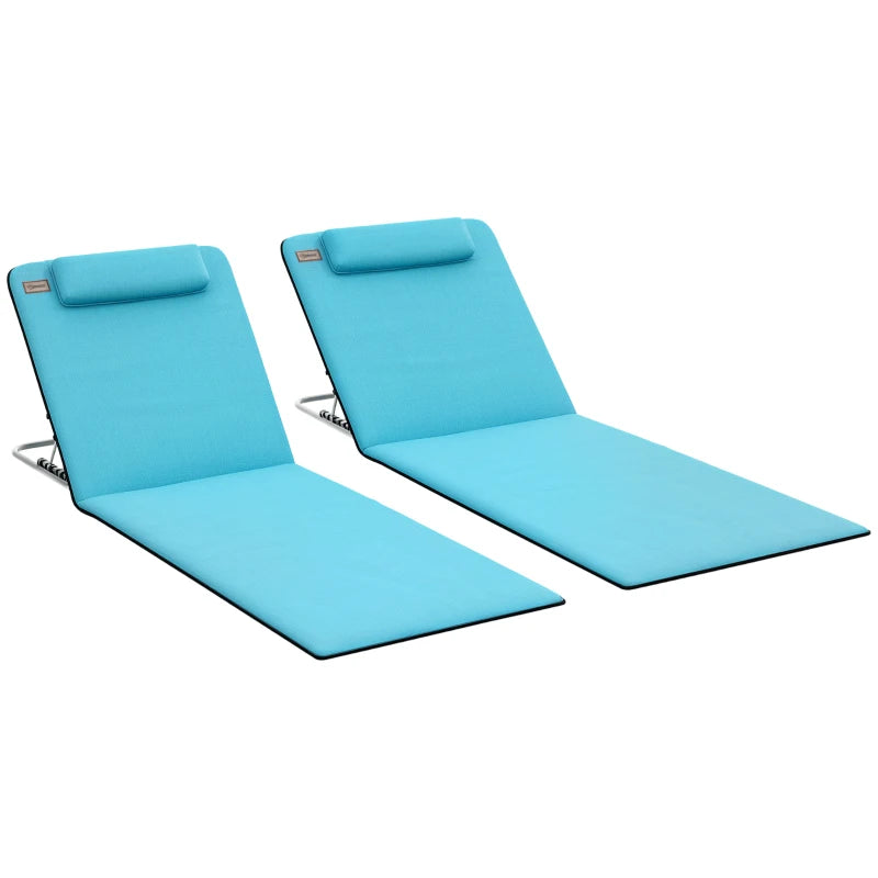 2 Pieces Beach Lounge Chair, Outdoor Folding Chaise Lounge Set w/ Pillow for Sunbath, Snap, Blue