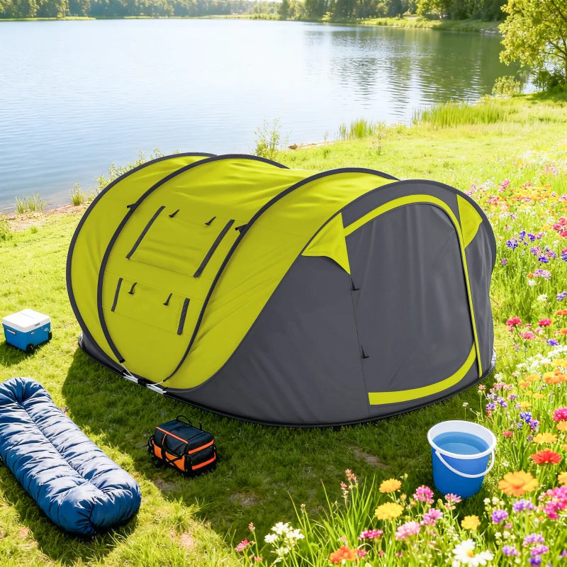 4 Person Camping Tent, Easy Pop Up Tent with Doors, Windows and Carry Bag, Automatic Setup Tent for Hiking, Yellow