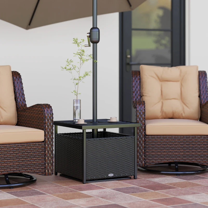 21.75" Outdoor Rattan Wicker Patio Coffee Table with Umbrella Hole, Patio Side Table with Slatted Metal Top, Black