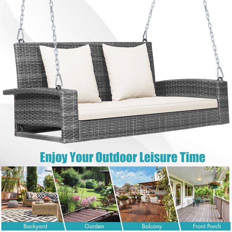 2-Person Patio PE Wicker Hanging Porch Swing Bench Chair Cushion 800 Pounds-White