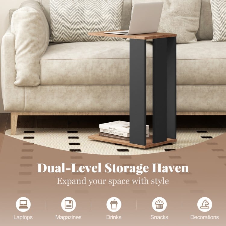 2-Tier C-Shaped Side Table with Universal Wheels and Shelf-Rustic Brown