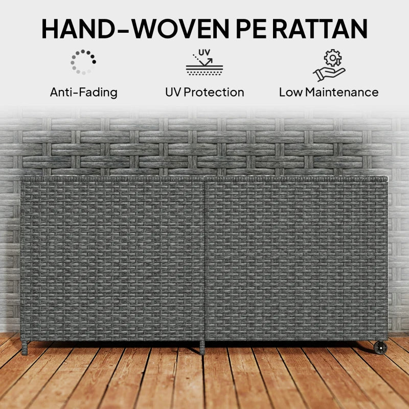 162 Gallon Rattan Deck Box with Wheels, Wicker Outdoor Storage Box with Waterproof Zippered Liner, Safe Pneumatic Rod