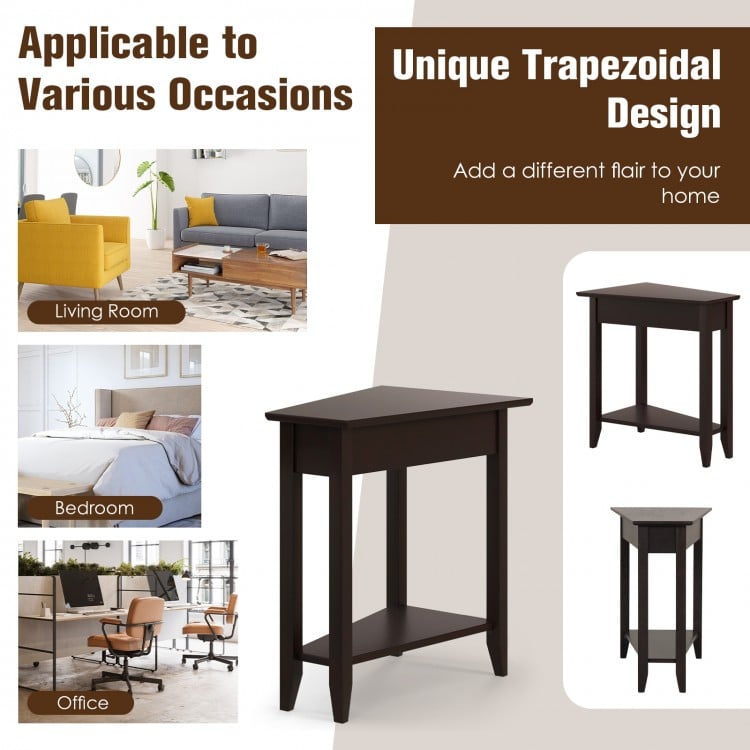 2-Tier Wedge Narrow End Table with Storage Shelf and Solid Wood Legs-Espresso