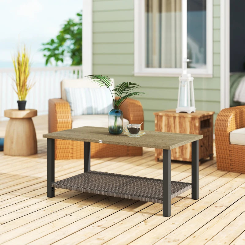 2-Tier Rectangle Outdoor Coffee Table, Patio Table with Wood-Effect Metal Top, Wicker Shelf for Garden, Backyard, Brown