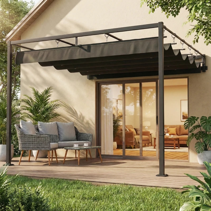 10' x 10' Retractable Pergola Canopy, Wall-Mounted Pergola, Outdoor Sun Shade Shelter for Garden, Balcony, Dark Grey