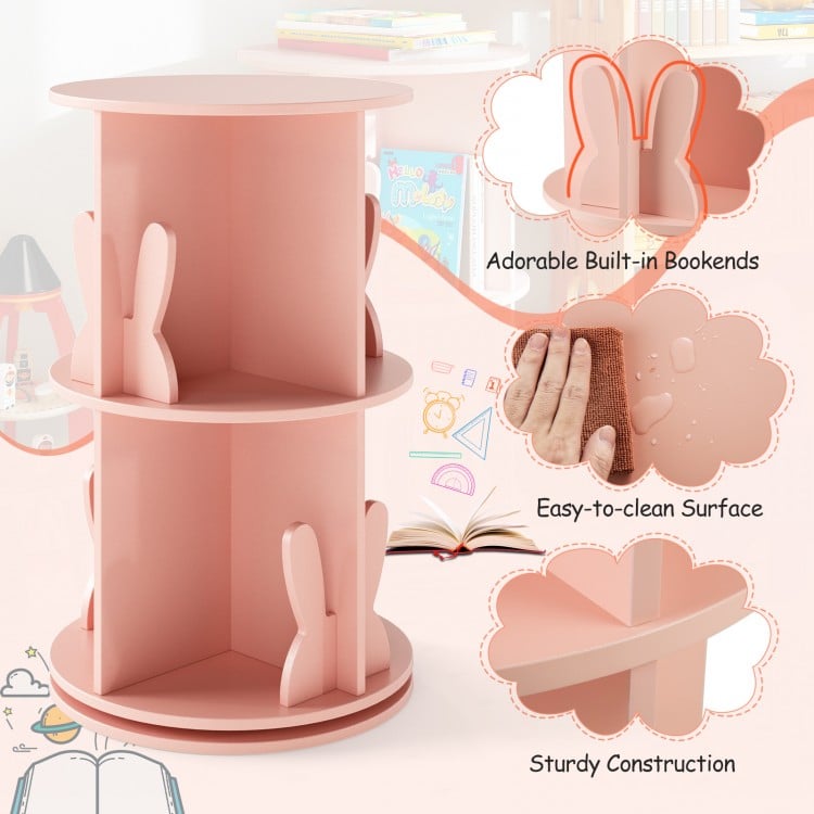 2 Tier Freestanding Kids Rotating Bookshelf Storage Rack with Bunny Baffles-Pink
