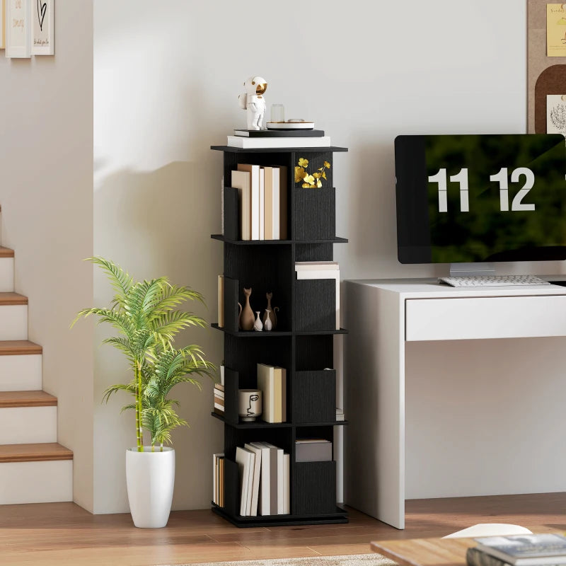 360° Rotating Bookcase with Anti-Tipping Straps, Anti-Slip Foot Pads, 4 Tier Bookshelf with 16 Cubbies for Books, Plants, Decorations, Black