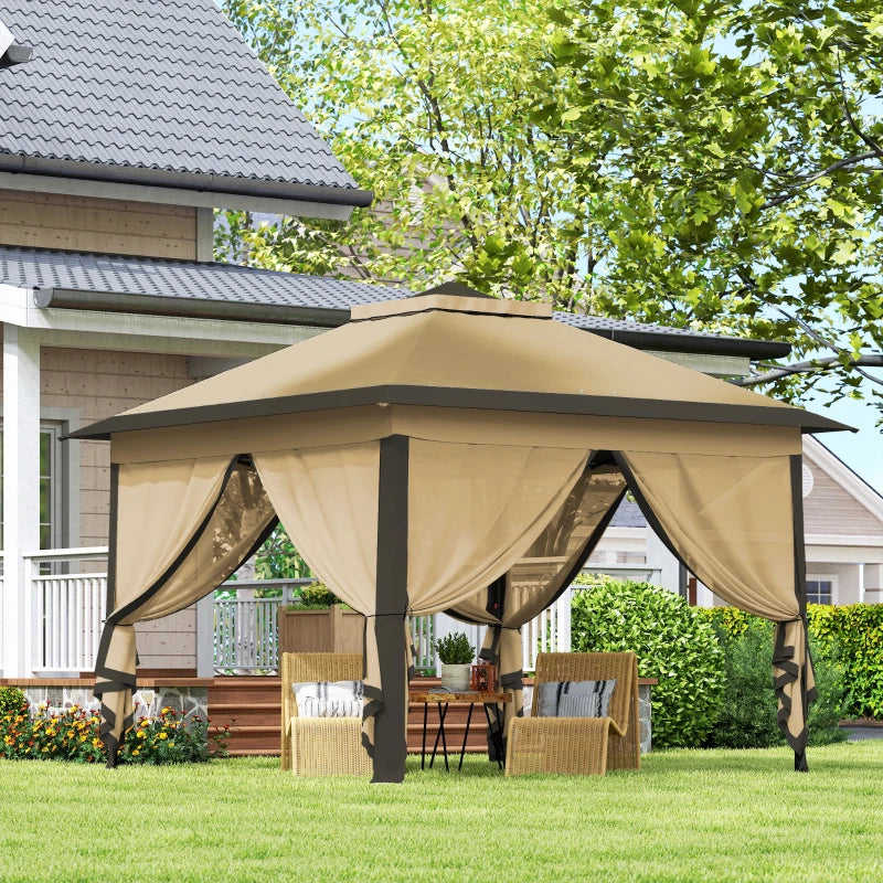 11' x 11' Pop Up Gazebo, Double Roof Foldable Height Adjustable Canopy Tent with Mesh Sidewalls, Carrying Bag, Beige