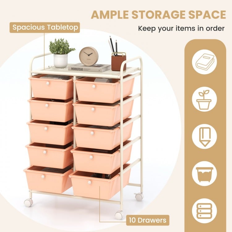 10-Drawer Rolling Storage Cart-Peach