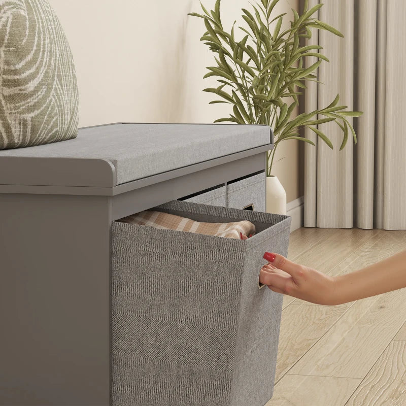 Shoe Storage Bench with Seat, Entryway Bench Seat with Cushion, 3 Fabric Drawers for Hallway, Dark Grey