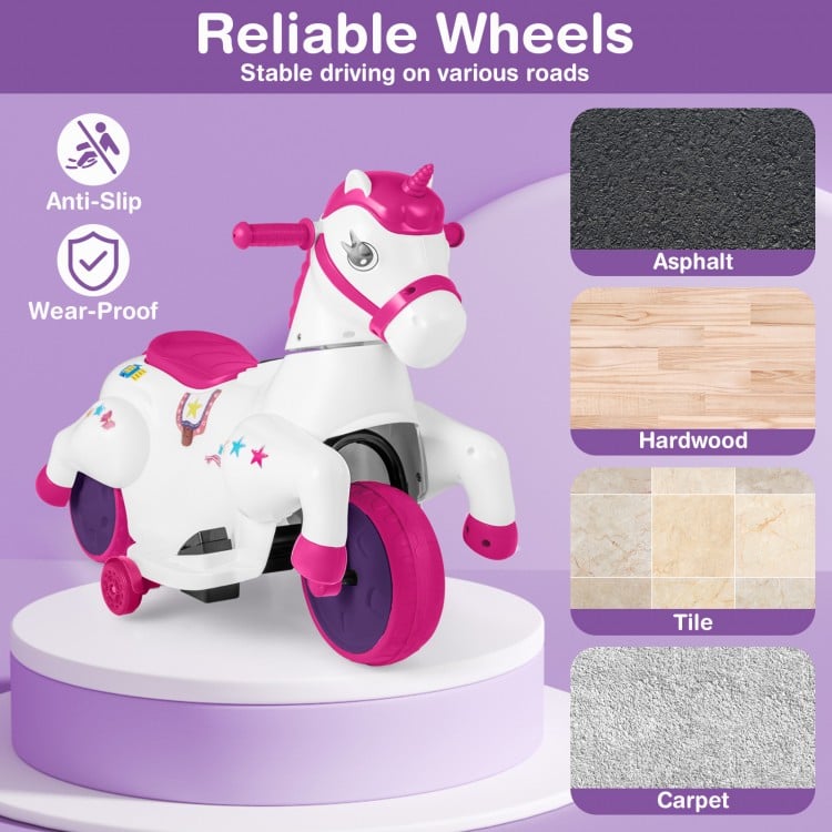 12V Unicorn Ride on Toy with Training Wheels and Horse Riding Mode-Rose Red