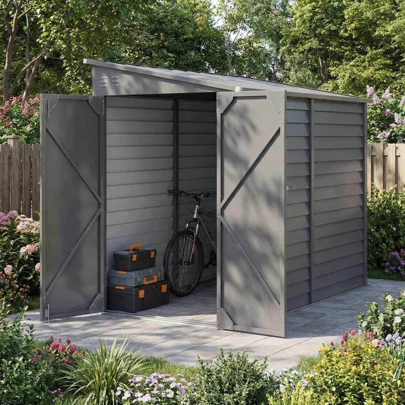 4.6' x 9' Steel Outdoor Storage Shed, Lean to Shed, Metal Tool House with Foundation Kit, Lockable Doors, Gloves and 2 Air Vents for Backyard, Patio, Lawn, Grey