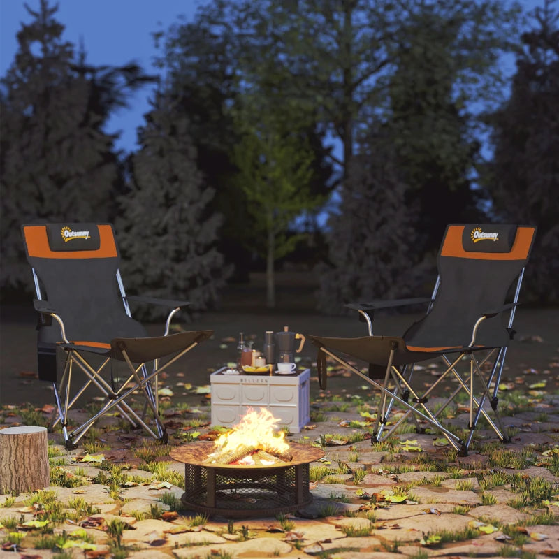 Set of 2 Reclining Camping Chair with Foot Rest, Folding Camping Chair w/ Headrest, Cup Holder, Storage Bag, Orange