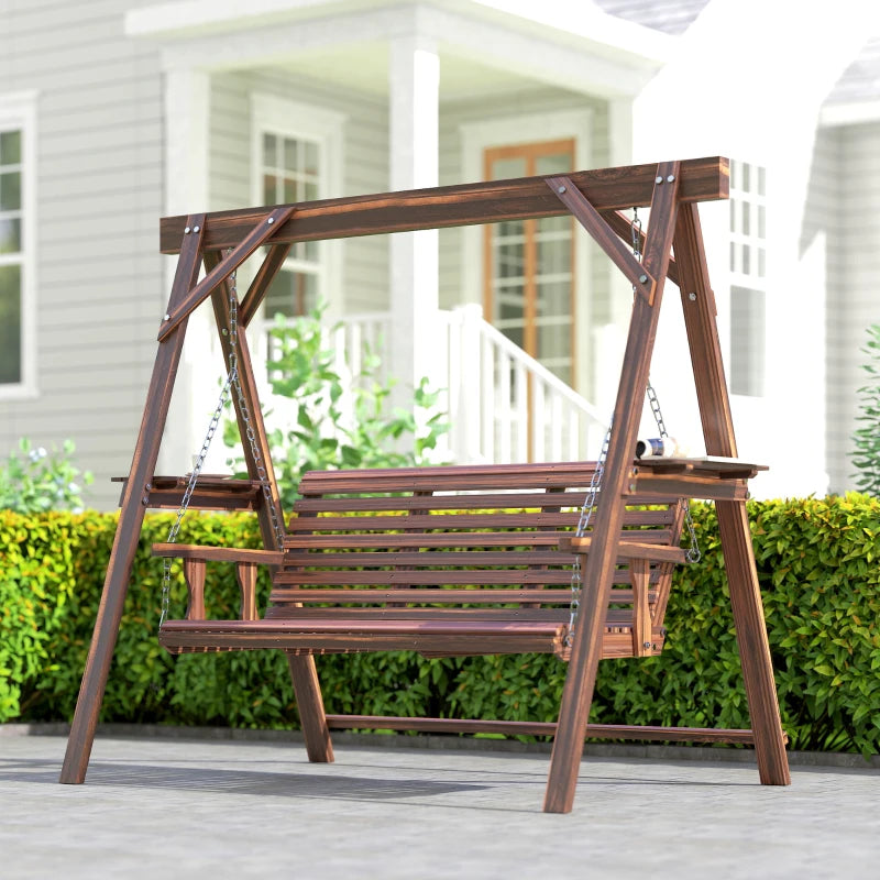 3 Seat Wooden Porch Swing with Stand, Patio Swing with Side Tables, for Garden, Poolside, Backyard, Carbonized Brown