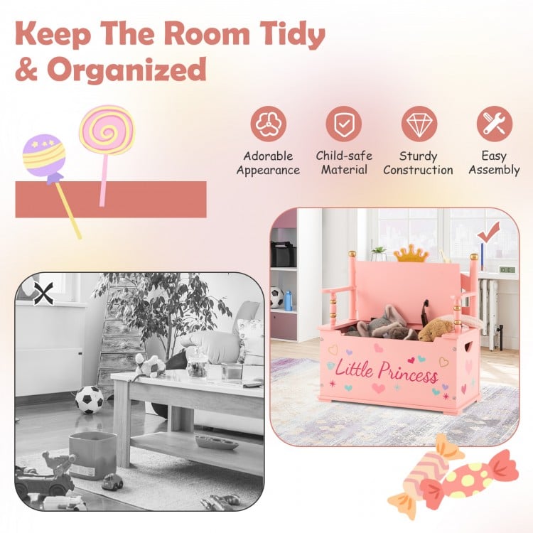 2-In-1 Kids Princess Wooden Toy Box with Safe Hinged Lid-Pink