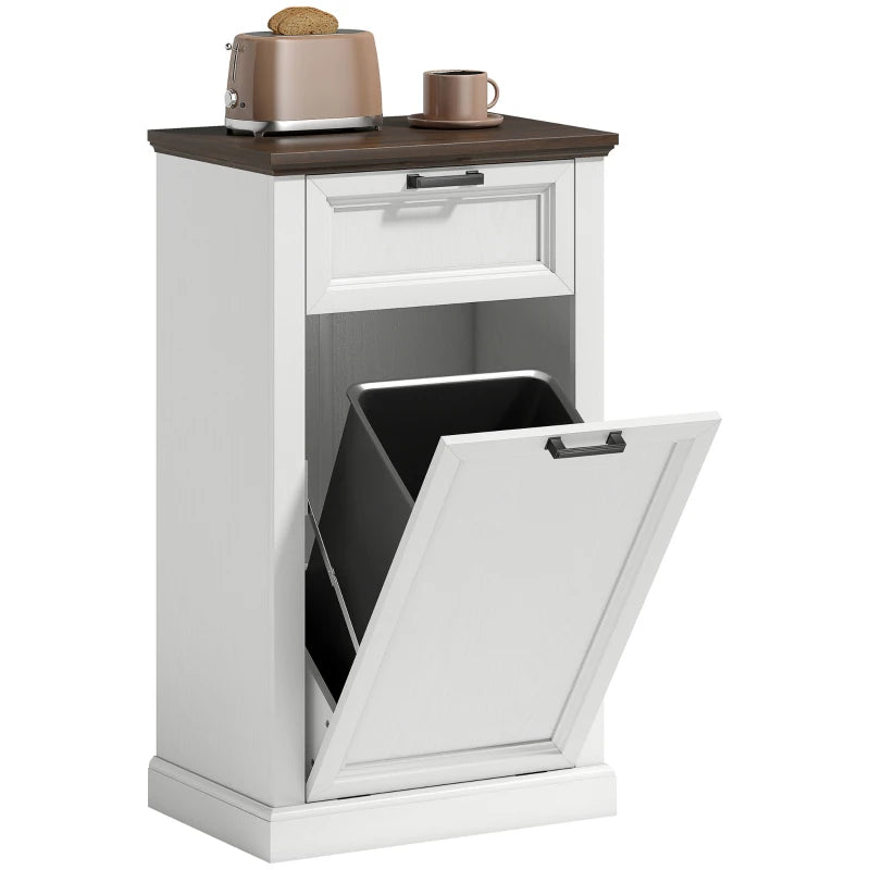 10 Gallon Trash Can Cabinet with Drawer, Farmhouse Tilt Out Garbage Cabinet Laundry Hamper, White Wood Effect