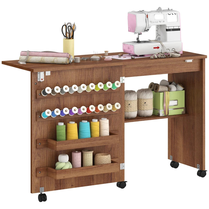 Sewing Machine Table on Wheels, Folding Craft Table with 2 Bins, Storage Shelf, 18 Pegs, Lockable Wheels, Brown