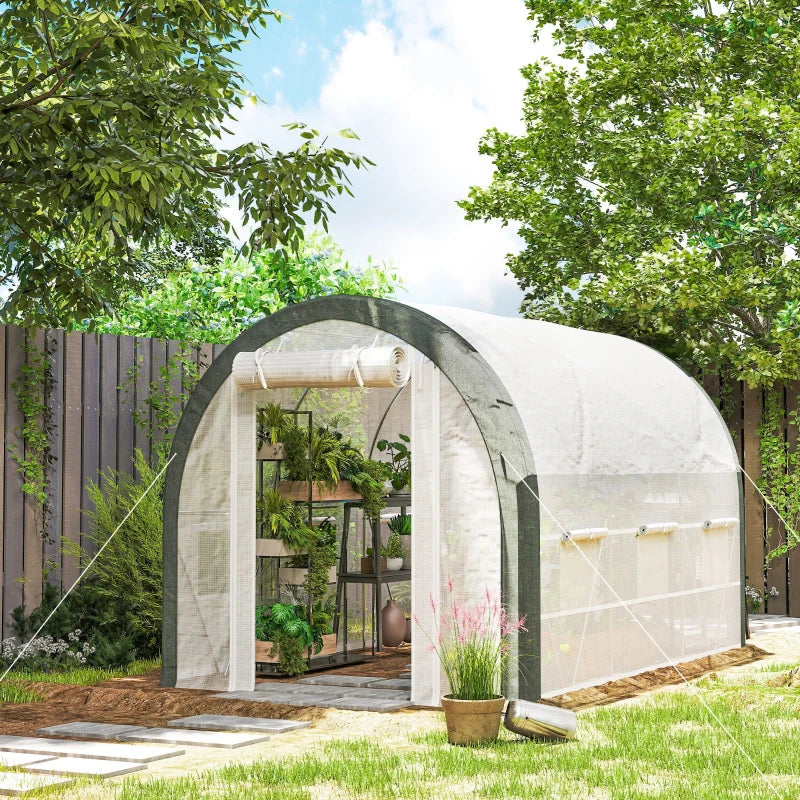 10'x6.6'x6.6' Upgraded Tunnel Greenhouse Green House with Mesh Door and Windows, 6 Plant Labels and Gloves, White