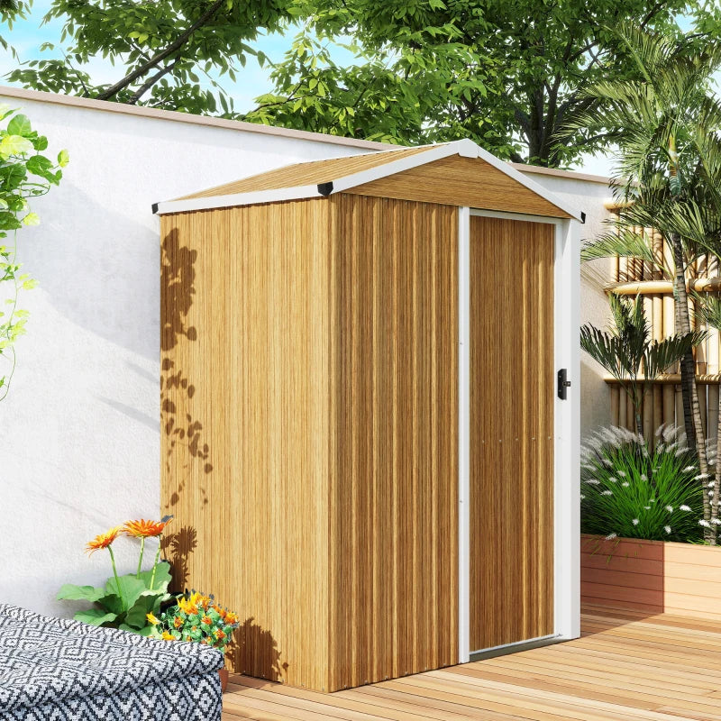 4.5 x 3ft Outdoor Storage Shed, Waterproof Metal Garden Shed with Lockable Door for Backyard, Patio, Lawn, Wood Grain
