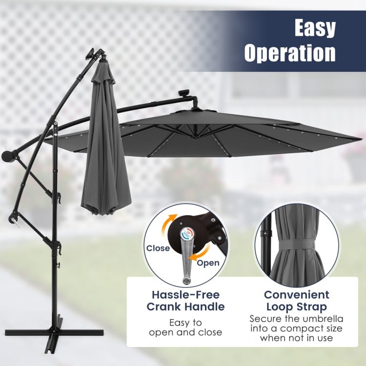 10 Feet Solar Offset Hanging Umbrella with 40 Lamp Beads and Solar Panel-Gray