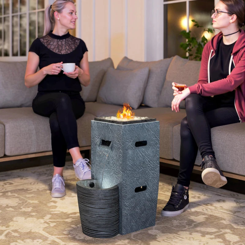 16.5" x 11" x 22.4" Propane Fire Pit Table with Fountain, 15000 BTU Outdoor Gas Fire Table with LED Light Adjustable Water Flow, Fire Fountain Water with Glass Rocks, Grey