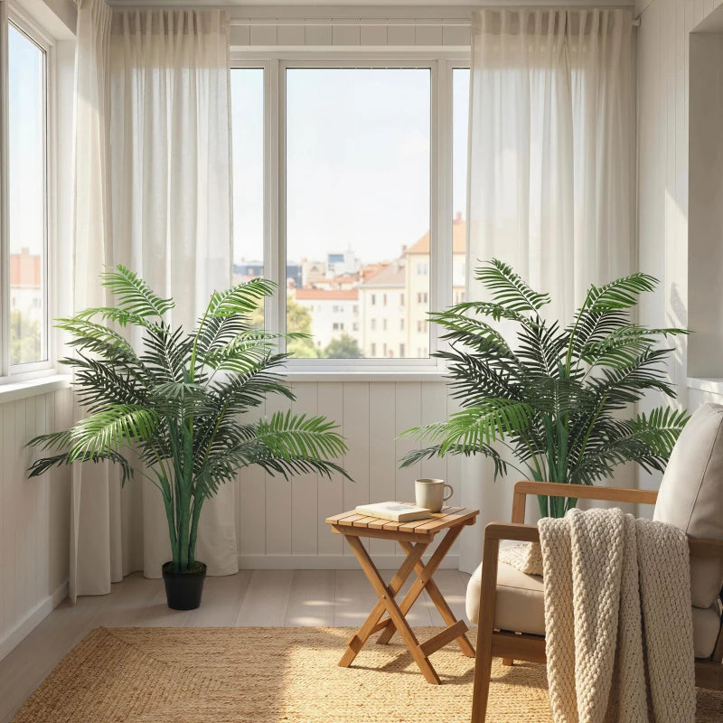 4FT Artificial Palm Tree Set of 2, Fake Tropical Tree with Lifelike Leaves, Faux Plant in Pot for Indoor Decoration, Green