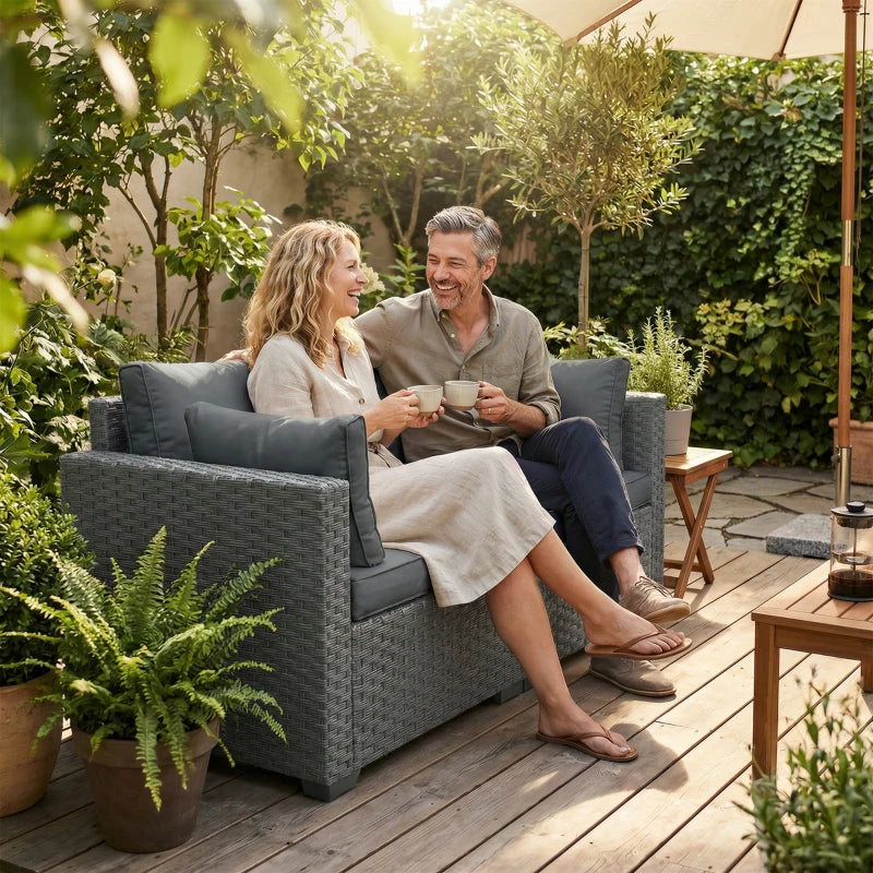 2 Seater Outdoor Couch Patio Sofa with Deep Seat, Cushions, Wide Armrests for Garden, Balcony, Porch, Dark Grey