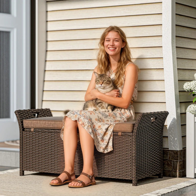 2-In-1 Outdoor Storage Bench, 29 Gallon Wicker Deck Box with Handles and Cushion, Tan