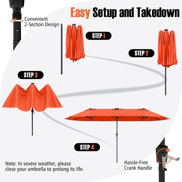 15.5 FT Extra-Large Patio Umbrella with LED Solar Lights and Crank Handle-Orange