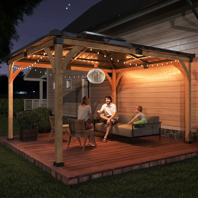 12' x 14' Hardtop Gazebo Canopy with Galvanized Steel Roof, Wood Frame, Double Roof Outdoor Gazebo, Light Walnut