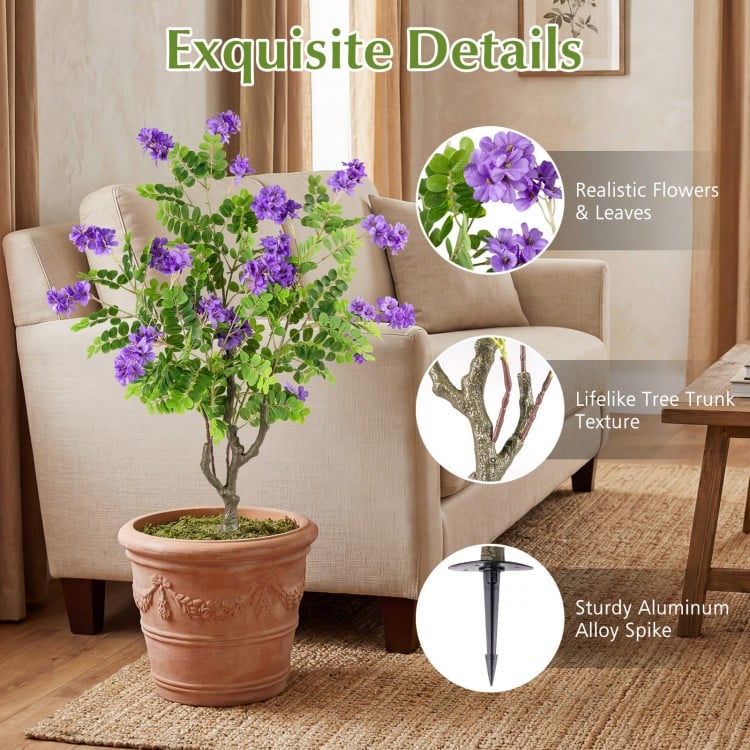 2 Pack Artificial Locust Flower Trees 39 Inch Fake Evergreen Shrubs with Ground Spikes-Purple