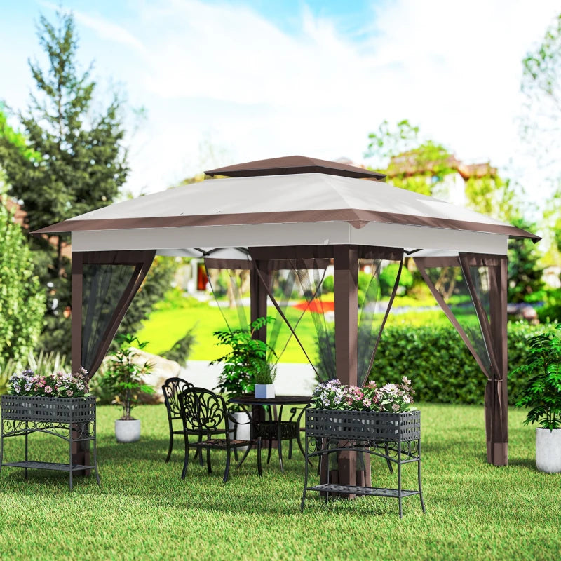 12' x 12' Pop Up Canopy Sun Shade Instant Tent Folding with Mesh Sidewalls, Beige and Dark Brown