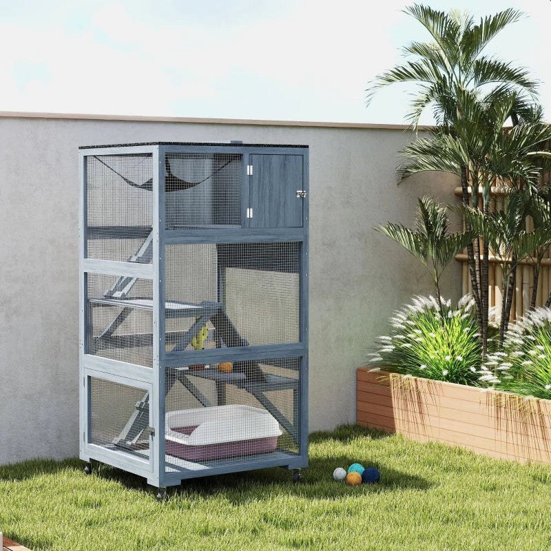 66"H Catio Outdoor Cat Enclosure on Wheels with Hammock Multiple Platforms Resting Condo Ramps for 1-3 Cats, Grey