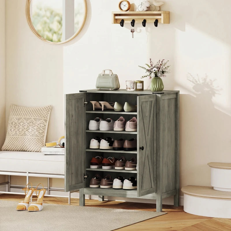 Shoe Cabinet with Barn Doors, Farmhouse Shoe Storage Cabinet with Adjustable Shelves, Holds up to 15 Pairs, Grey