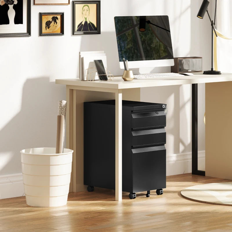 3 Drawer Filing Cabinet with Lock, Steel Office Storage Cabinet with Hanging Bar for A4, Legal, Letter Files, Black