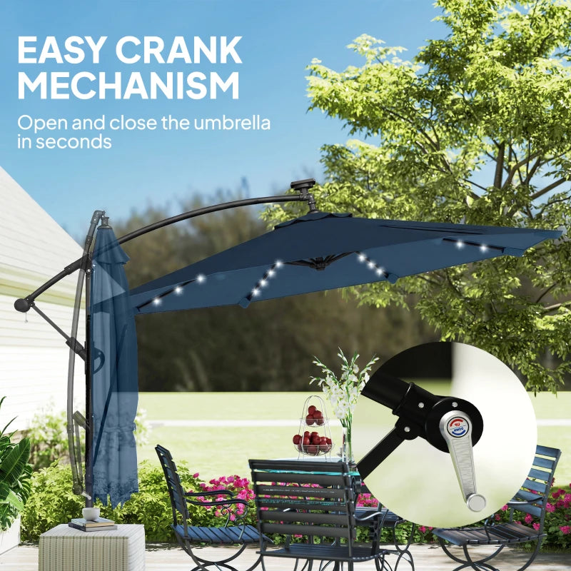 11.3 ft Cantilever Patio Umbrella with Light, Cover, Aluminium UPF50+ Offset Outdoor Umbrella Parasol, Navy Blue