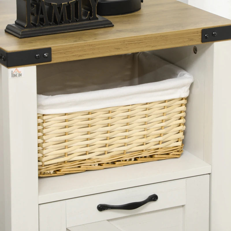 Side Table with Storage, Farmhouse End Table with Drawer, Open Shelf and Barn-style Panel, Nightstand for Living Room, Bedroom, White