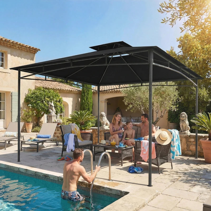 10' x 10' Gazebo, Soft Top Outdoor Gazebo with 2-Tier Roof, Metal Frame, Black