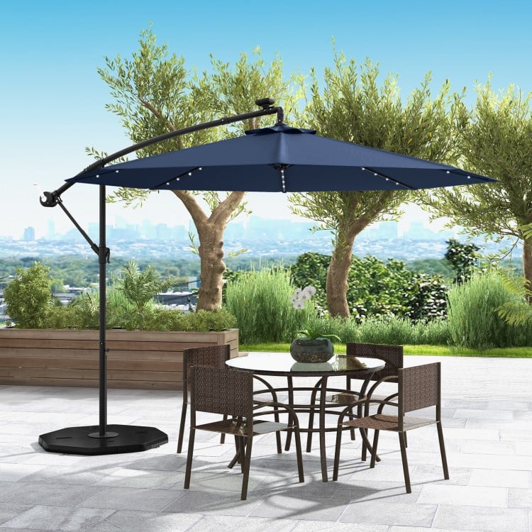 10 Ft Solar LED Offset Umbrella with 40 Lights and Cross Base for Patio-Blue