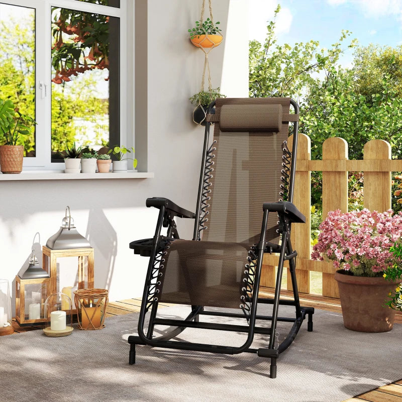 2 in 1 Adjustable Zero Gravity Reclining Lounge Chair Garden Recliner and Rocker Foldable Sun Lounger Napping Seat w/ Headrest & Tray Brown
