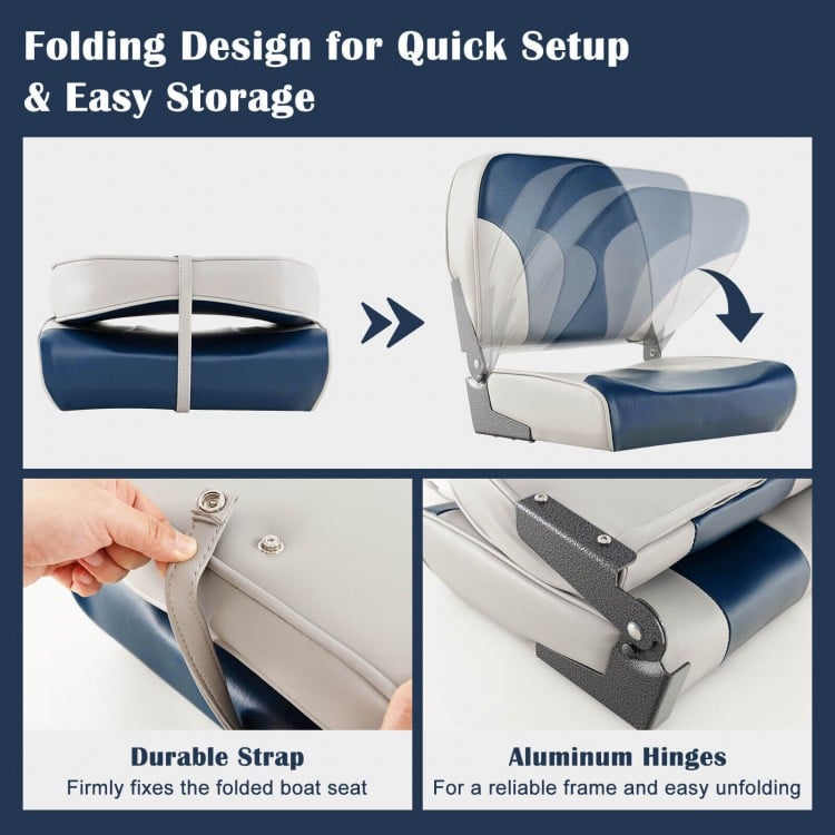 2 Pieces Low Back Boat Seat Set with Sponge Padding and Aluminum Hinges-Blue