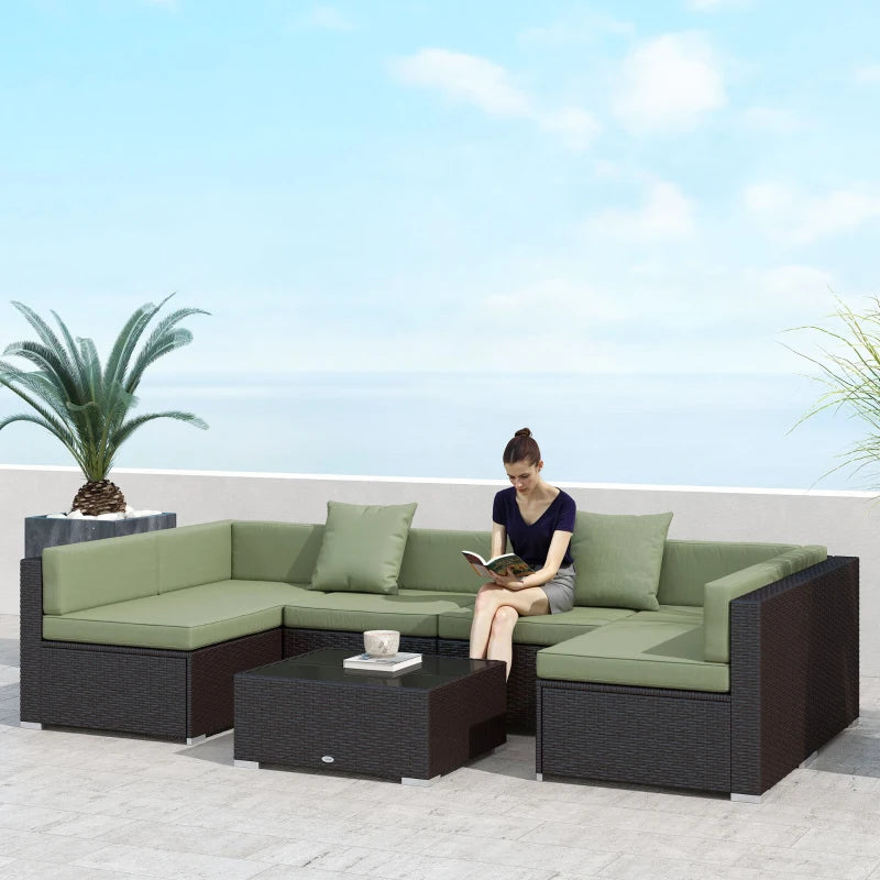 7 Pieces Outdoor Rattan Furniture Set, Patio Wicker Sectional Conversation Sofa Set, Light Green