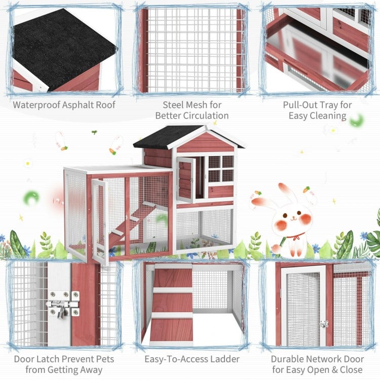 2-Story Wooden Rabbit Hutch with Running Area-White