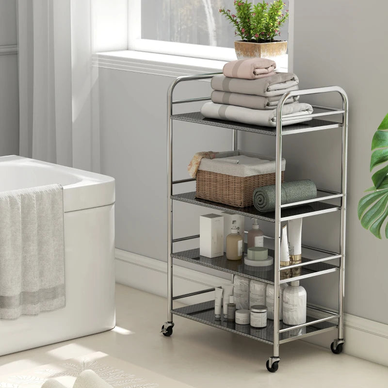 4 Tier Stainless Steel Rolling Cart with Adjustable Shelves, Utility Cart on Wheels with Handles for Kitchen, Silver