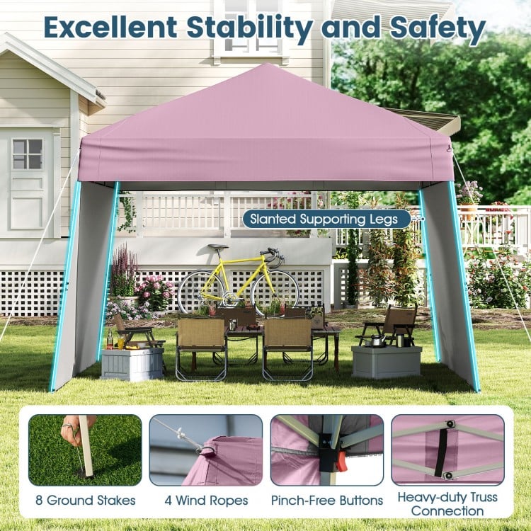 14 x 9.2 Feet Pop up Canopy Tent with 2 Convertible Sidewalls to Awning and Stakes-Pink