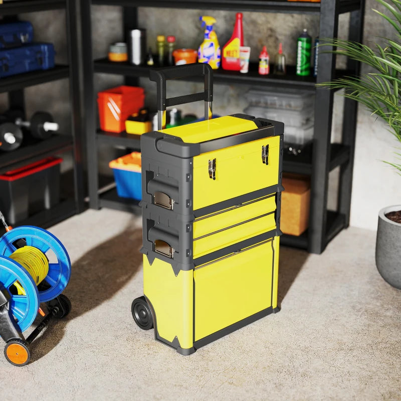 3-in-1 Tool Box with Wheels, Stackable, Modular Steel Toolbox with Tray, Handles, Latches for Workshop, Garage, Yellow