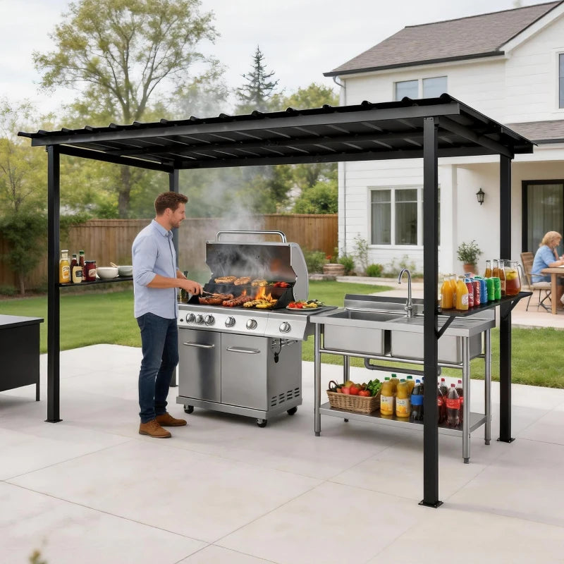 12' x 6' Hardtop Grill Gazebo, BBQ Gazebo with 2 Side Shelves and Galvanized Metal Slope Roof, Black