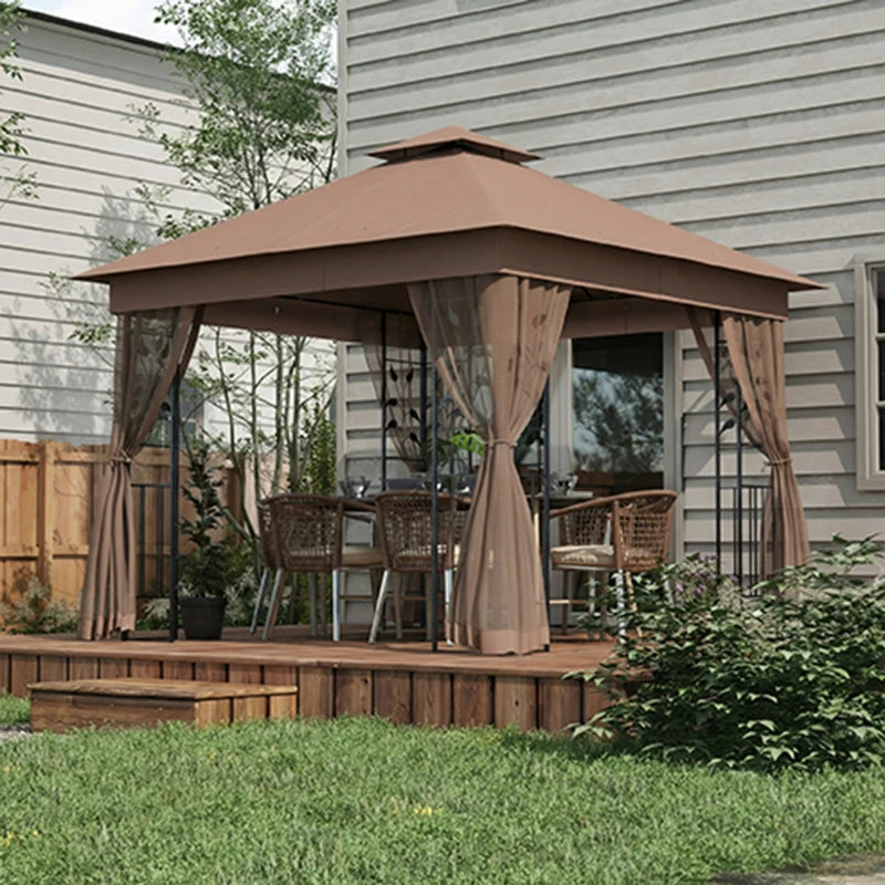 10'x10' Soft-top Steel Patio Gazebo Outdoor Sun Shelter with 2-Tier Polyester Roof, Curtain Sidewalls, Dark Brown