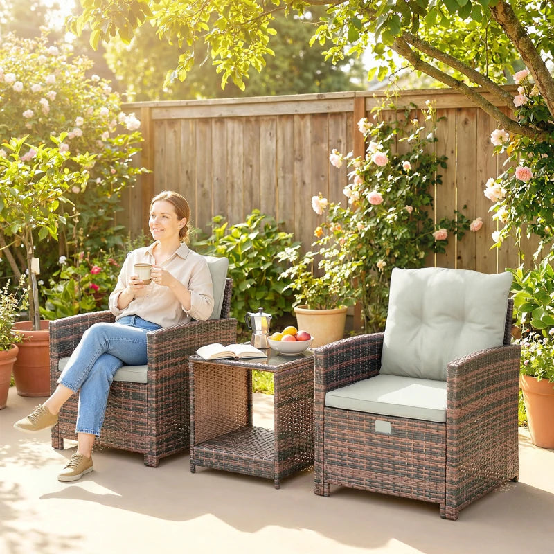 5 Piece Patio Furniture Set, Wicker Patio Chairs with Ottomans, 2-Tier Glass Coffee Table and Cushions, Brown/Cream