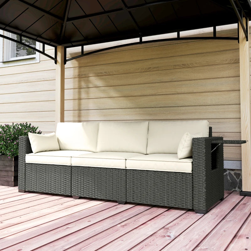 3 Seater Wicker Patio Sofa with Side Trays, Outdoor Couch with 6" Thick Back Cushions, Deep Seating, Cream White